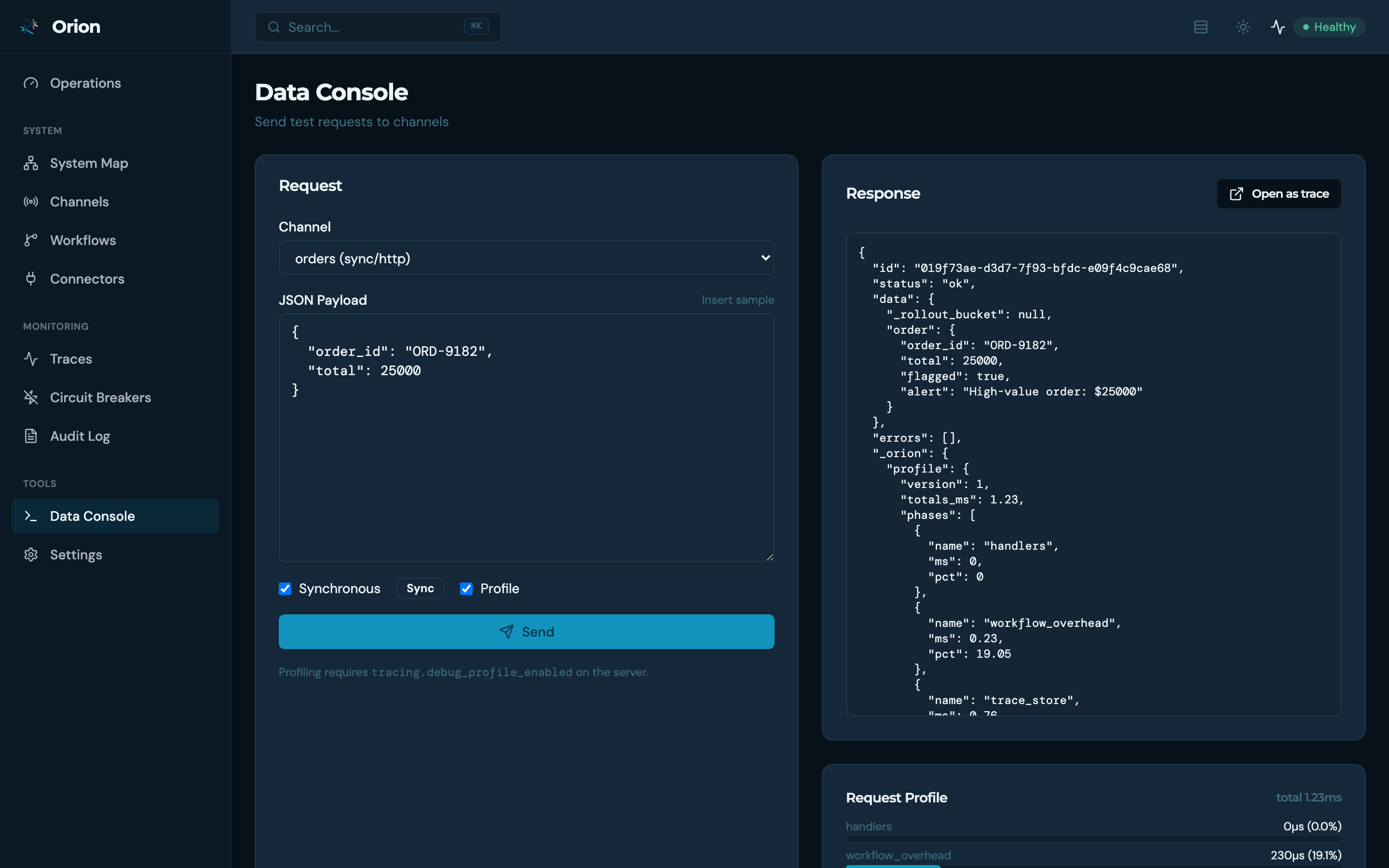 Data Console — send a test request to a channel and inspect the response, per-task timings, and trace