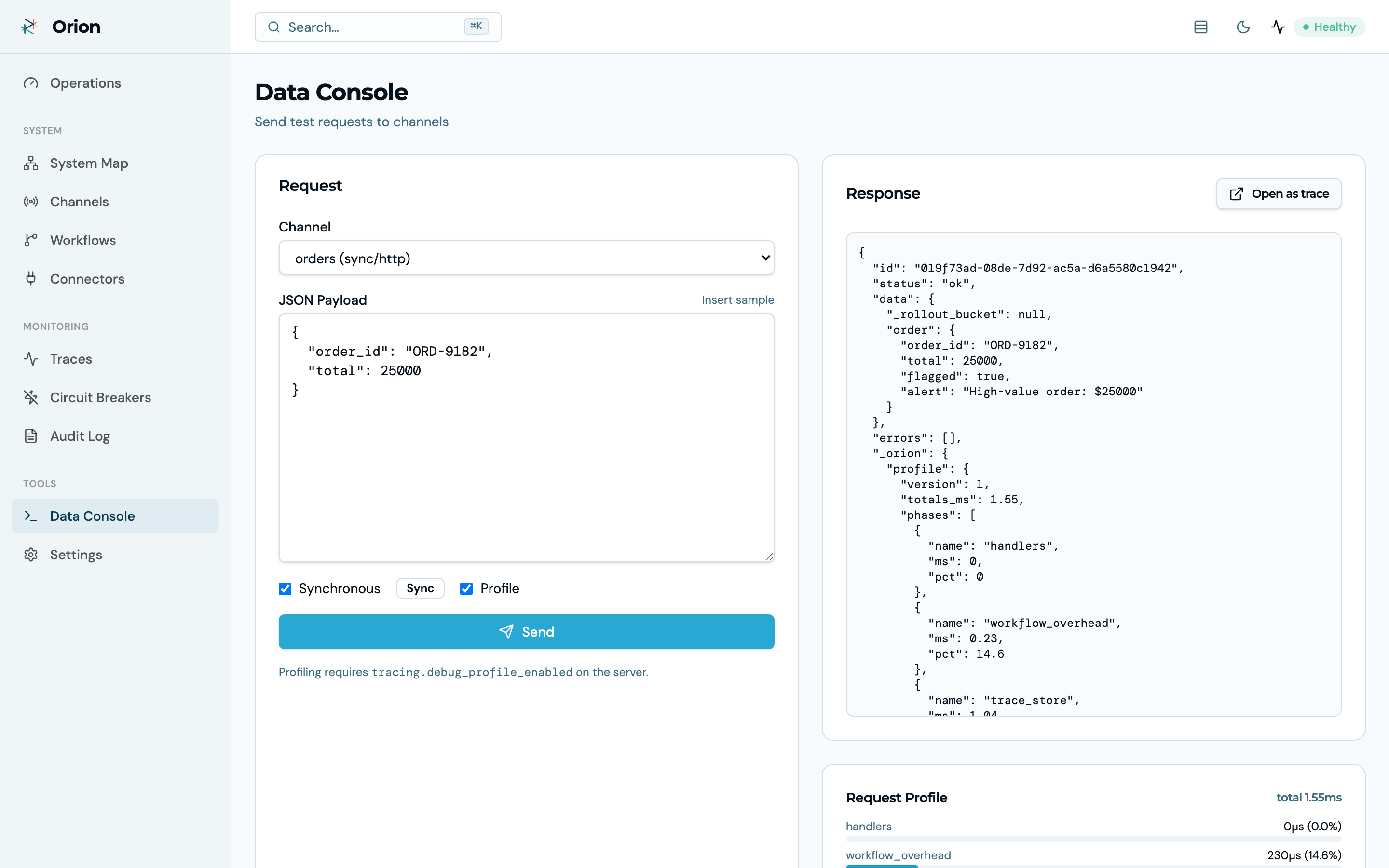 Data Console — send a test request to a channel and inspect the response, per-task timings, and trace