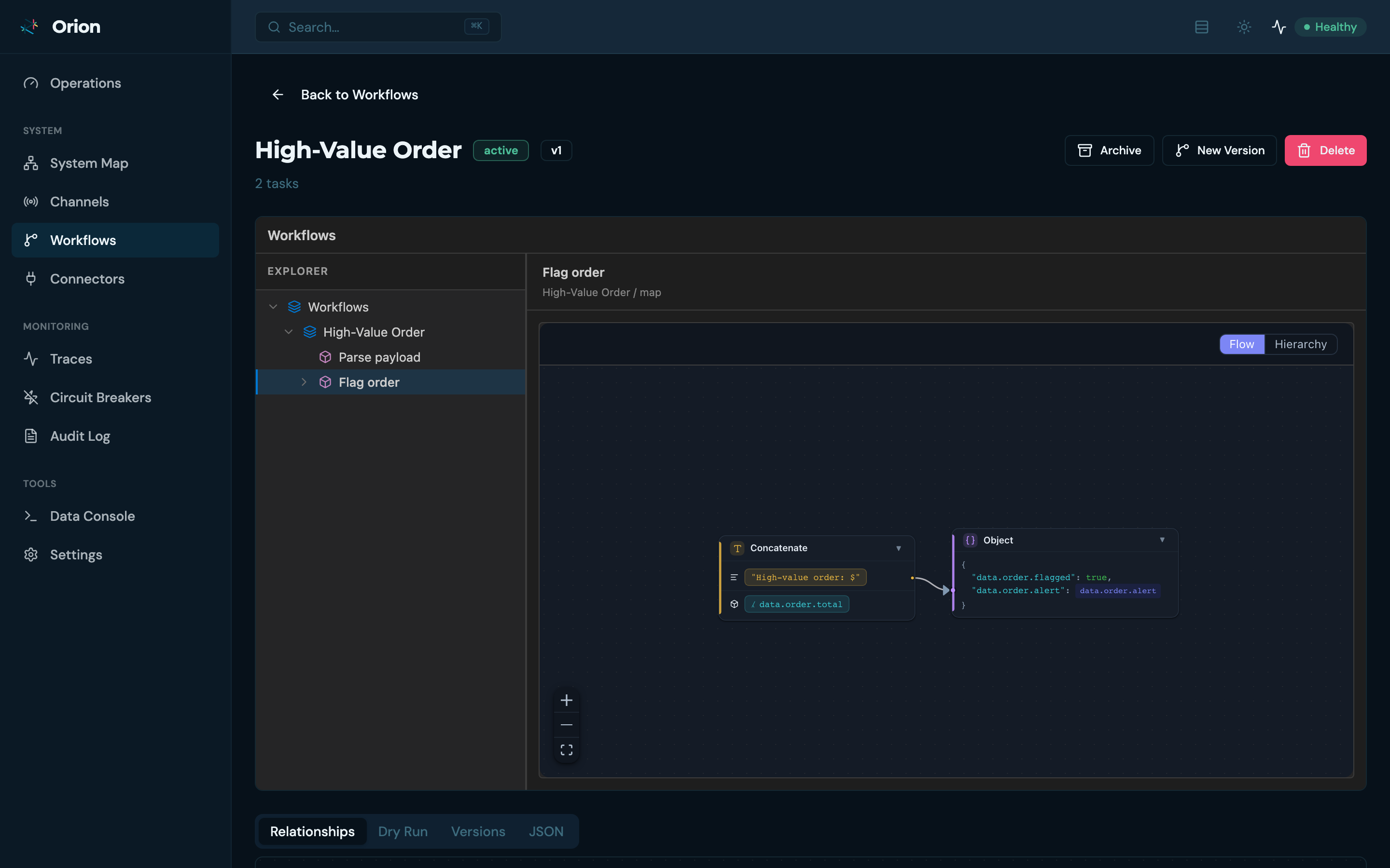 Workflow detail — task explorer with the selected task's JSONLogic rendered as a flow graph