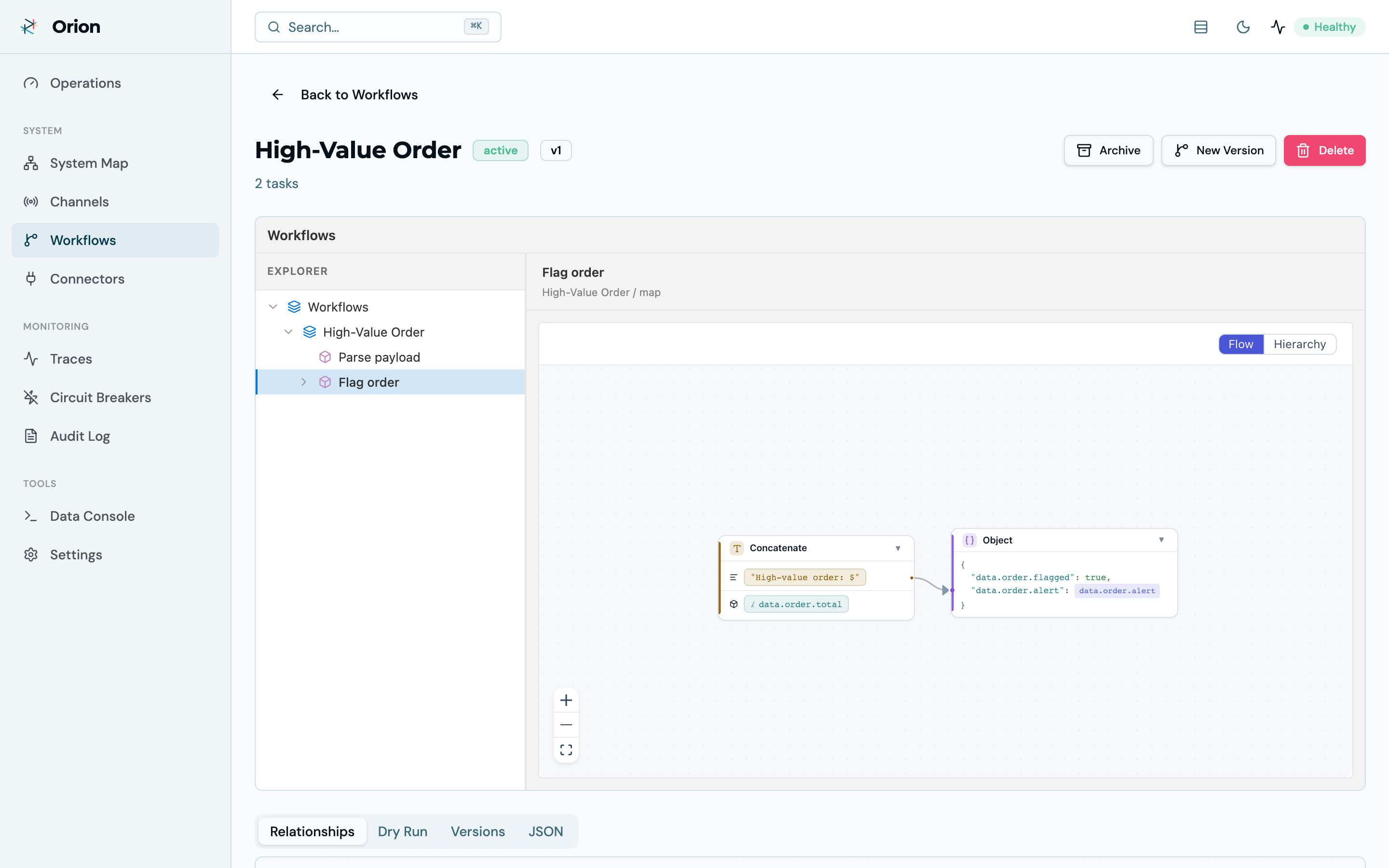 Workflow detail — task explorer with the selected task's JSONLogic rendered as a flow graph